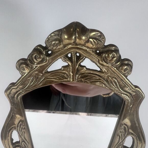 hand held Mirror Stand with Lady Figurine Nouveau cast Brass 11- 7/8" tall - Picture 8 of 15